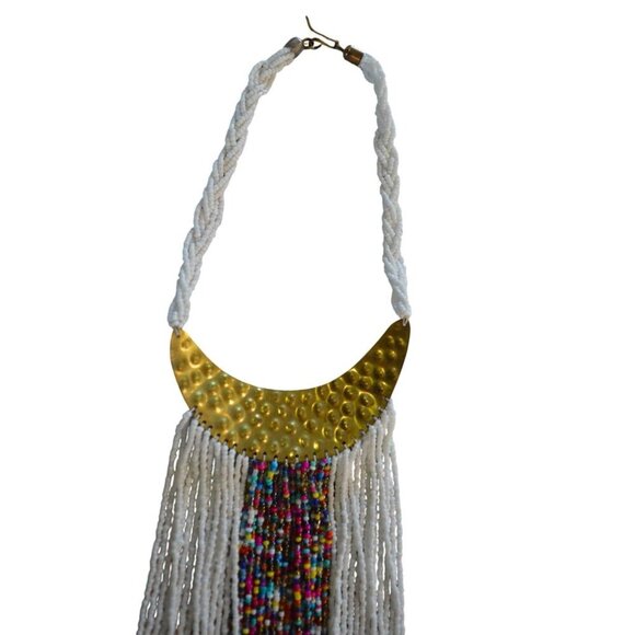 African Inspired Multicolored Beaded Bib Necklace With Hammered Brass Accent & F - Picture 5 of 8